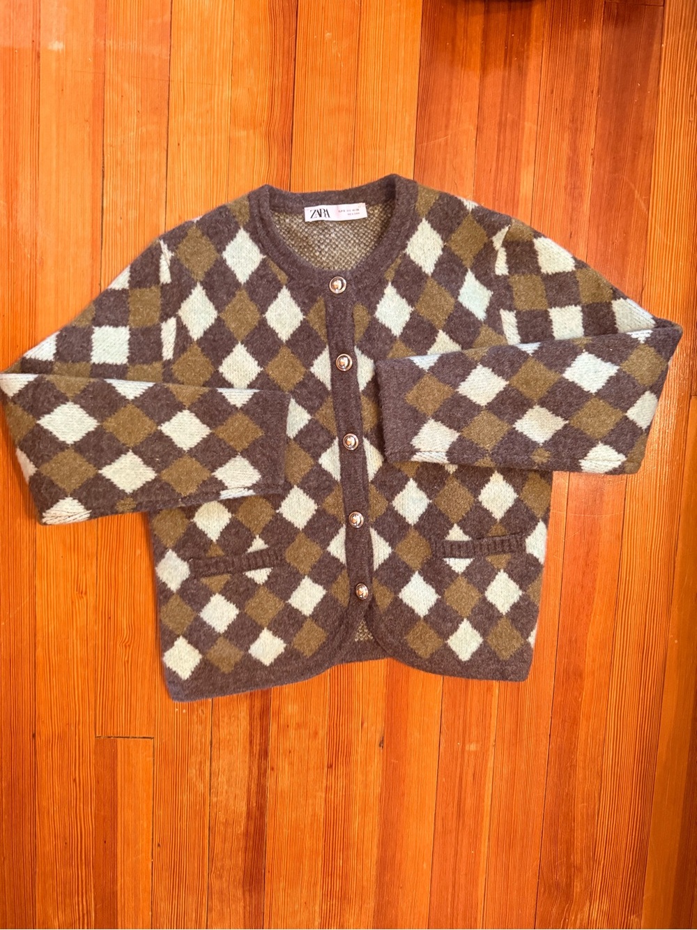 Zara Knit Argyle Button-Up Cardigan